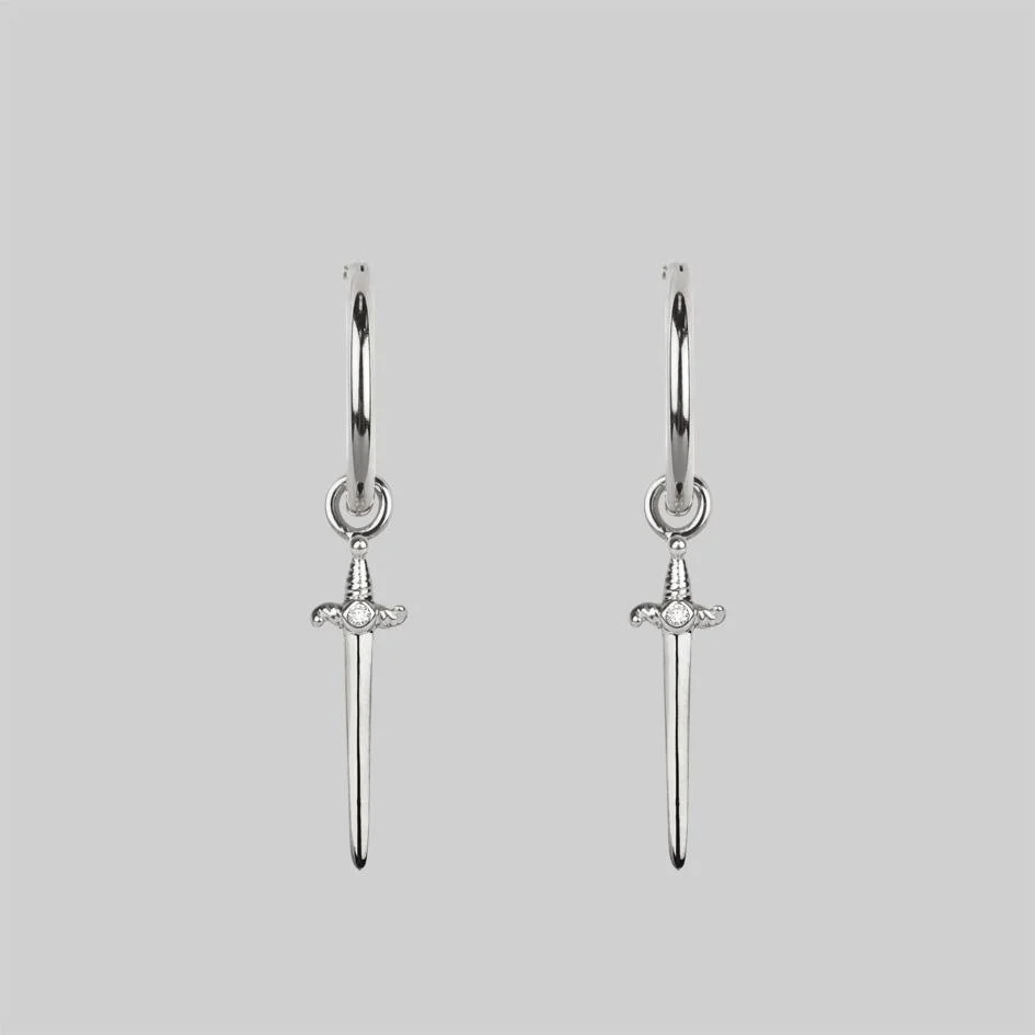 BETRAYAL. Cubic Zirconia Dagger Hoop Earrings - Silver - Image 2
