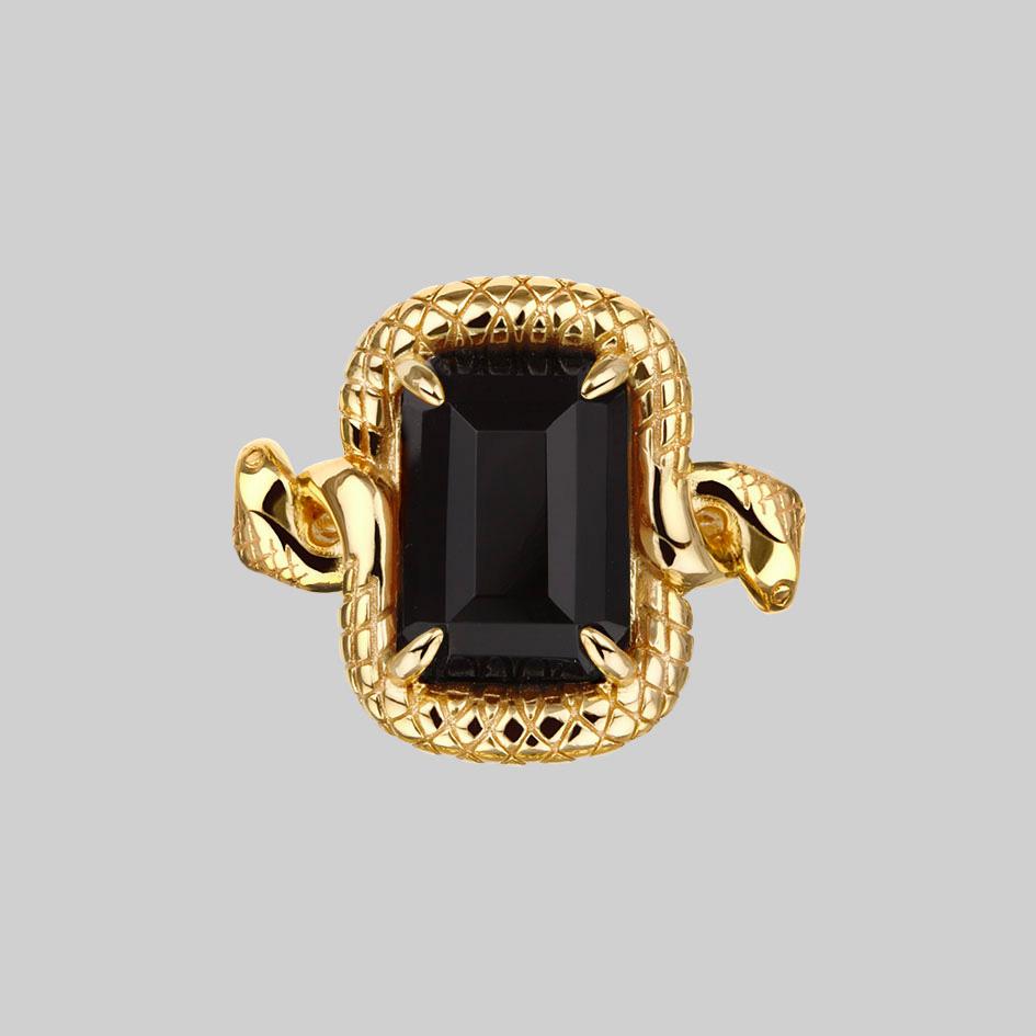 MALICE. Black Spinel Coiled Snake Cocktail Ring - Gold