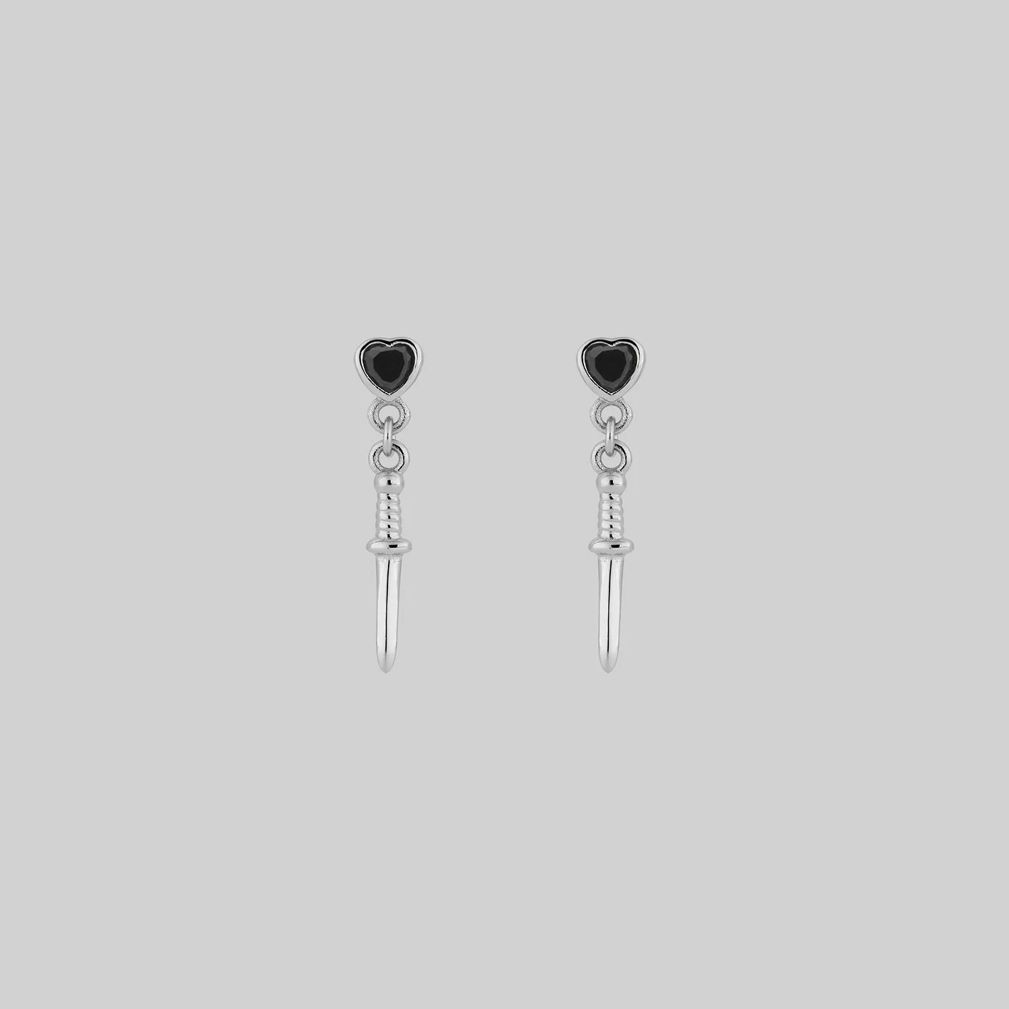 REIGN. Black Spinel Heart & Dagger Drop Earrings - Silver