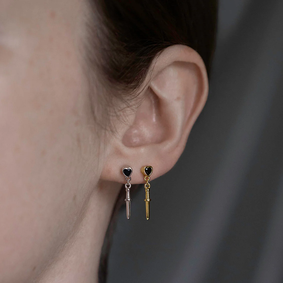REIGN. Black Spinel Heart & Dagger Drop Earrings - Silver - Image 2