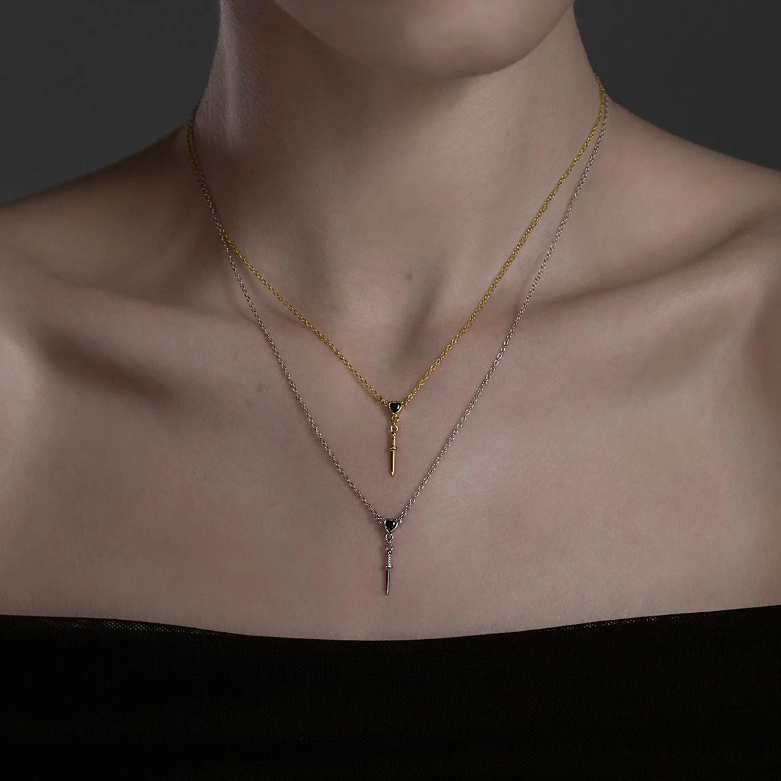 REIGN. Black Spinel Heart & Dagger Drop Necklace - Gold