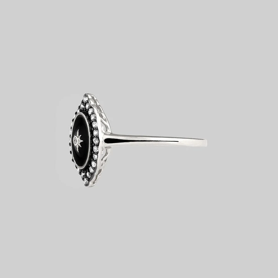 REVERENCE. Oval Black Enamel Crystal Silver Ring - Image 2